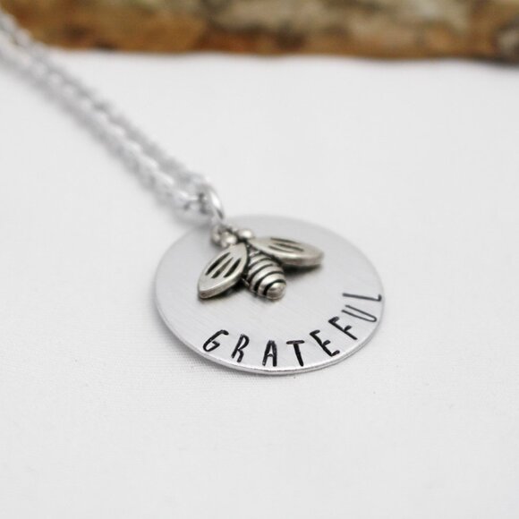 Bee Grateful - Hand Stamped Bee Necklace - Handmade & Hypoallergenic - Picture 4 of 6